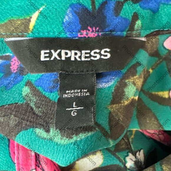 Express Green & Pink Floral Large Cap Sleeve Keyhole Blouse - Picture 3 of 4